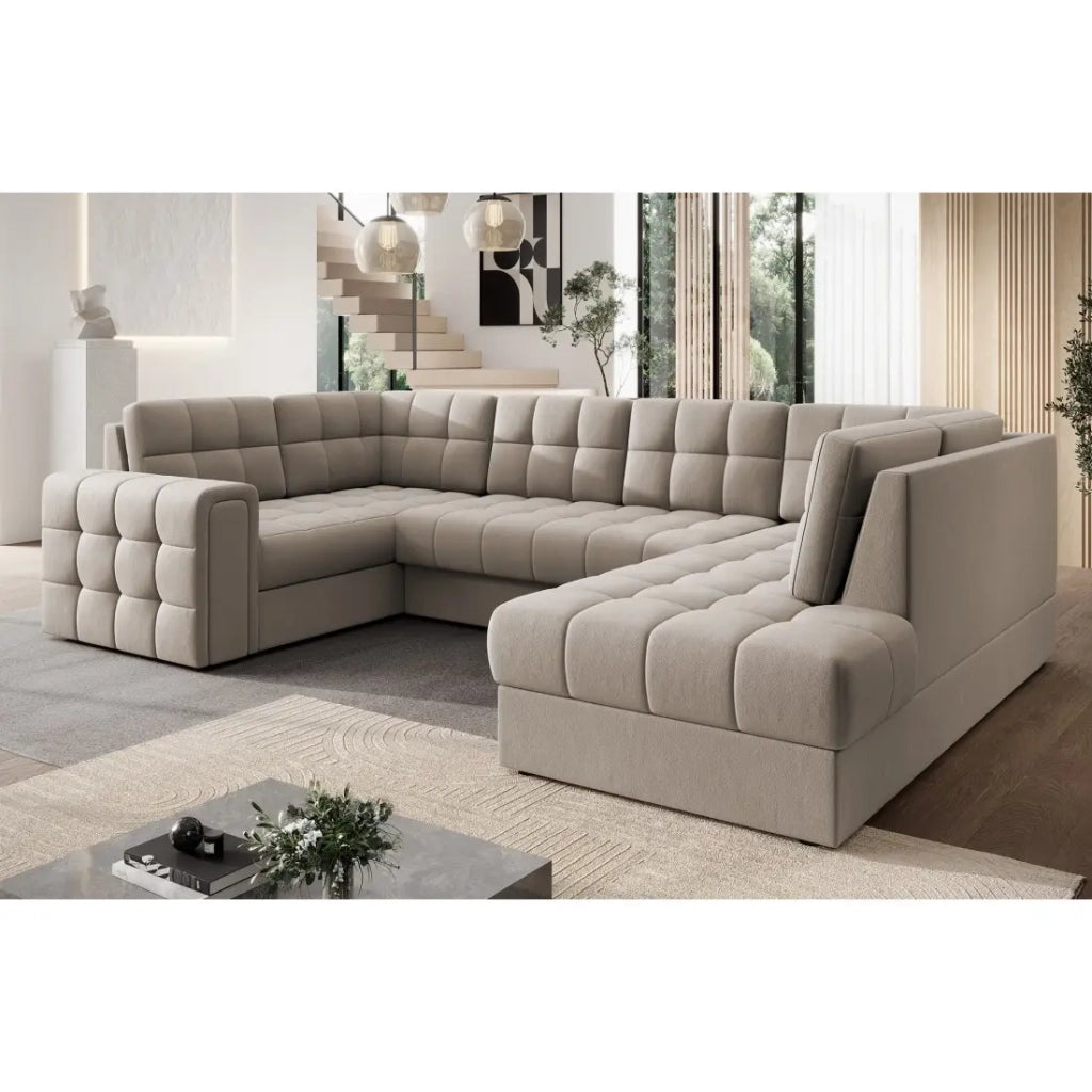 Divano ad angolo trasformabile MONTEZA beige 299 cm con vano contenitore e letto