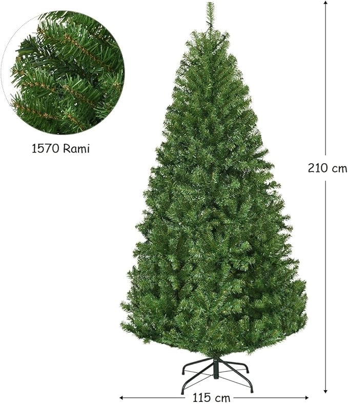 Albero di Natale 120/150/180/210 cm, Albero di Natale con Luci Incorporate 11 Modalità di Illuminazione, 300/600/1000/1570 Rami e Base in Metallo, Perfetta per Casa e Negozio (210cm)