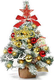 Albero di Natale Artificiale 45 cm Mini Albero da Tavolo con Luce 30 LED Mucche Stella Cima Decorata con Neve Artificiale per la Decorazione di Natale Interno Ufficio