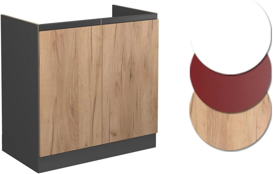 Mobile lavello cucina R-Line, Quercia dorata, 80 cm J-Shape, PL Rovere, per la libera combinazione all'interno di sistemi cucina modulari