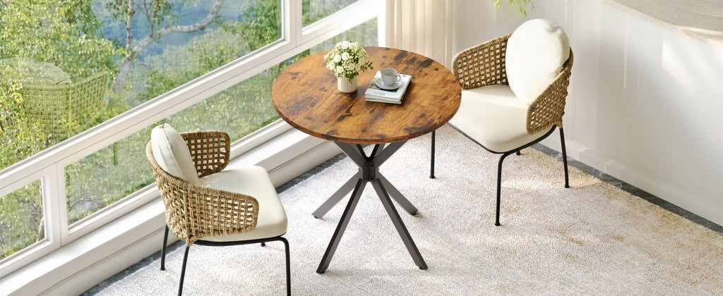 Tavolo da pranzo rotondo con base a X, per 2 persone, per cucina e home office, in truciolare e ferro, marrone nero, Ø 80 cm