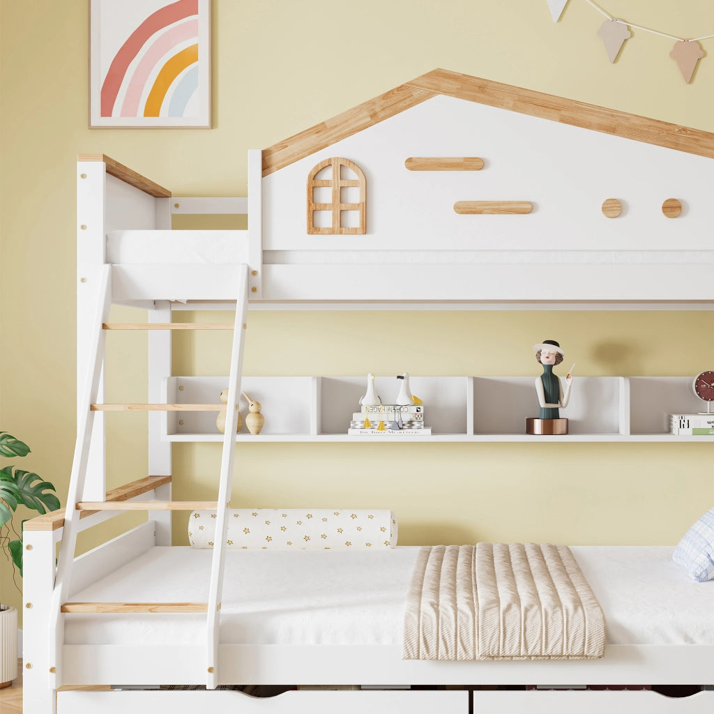 LETTO a castello con finestre, 2 cassetti, 205x148,5x167,5 cm, Bianco/Naturale