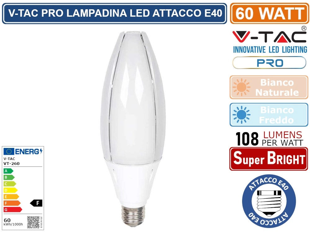 V-TAC PRO VT-260 LAMPADINA LED E40 60W OLIVE LAMP SMD CHIP SAMSUNG - Colore Luce:Bianco Freddo