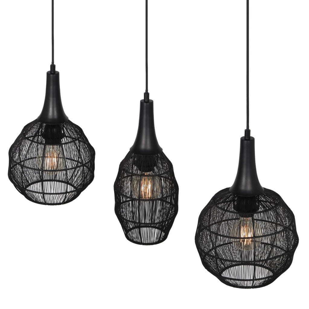 Lampada sospesa industriale nera barra 3 gabbie E27
