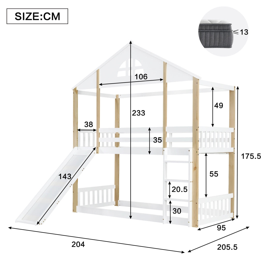 Letto a castello 90x200 cm con scivolo e scala a tre gradini in legno e MDF bianco e colore naturale