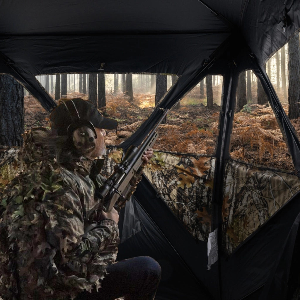 Tenda da terra per 2 persone con finestre scorrevoli silenziose, Tenda da caccia pannelli di sicurezza rifugio nascosto Marrone