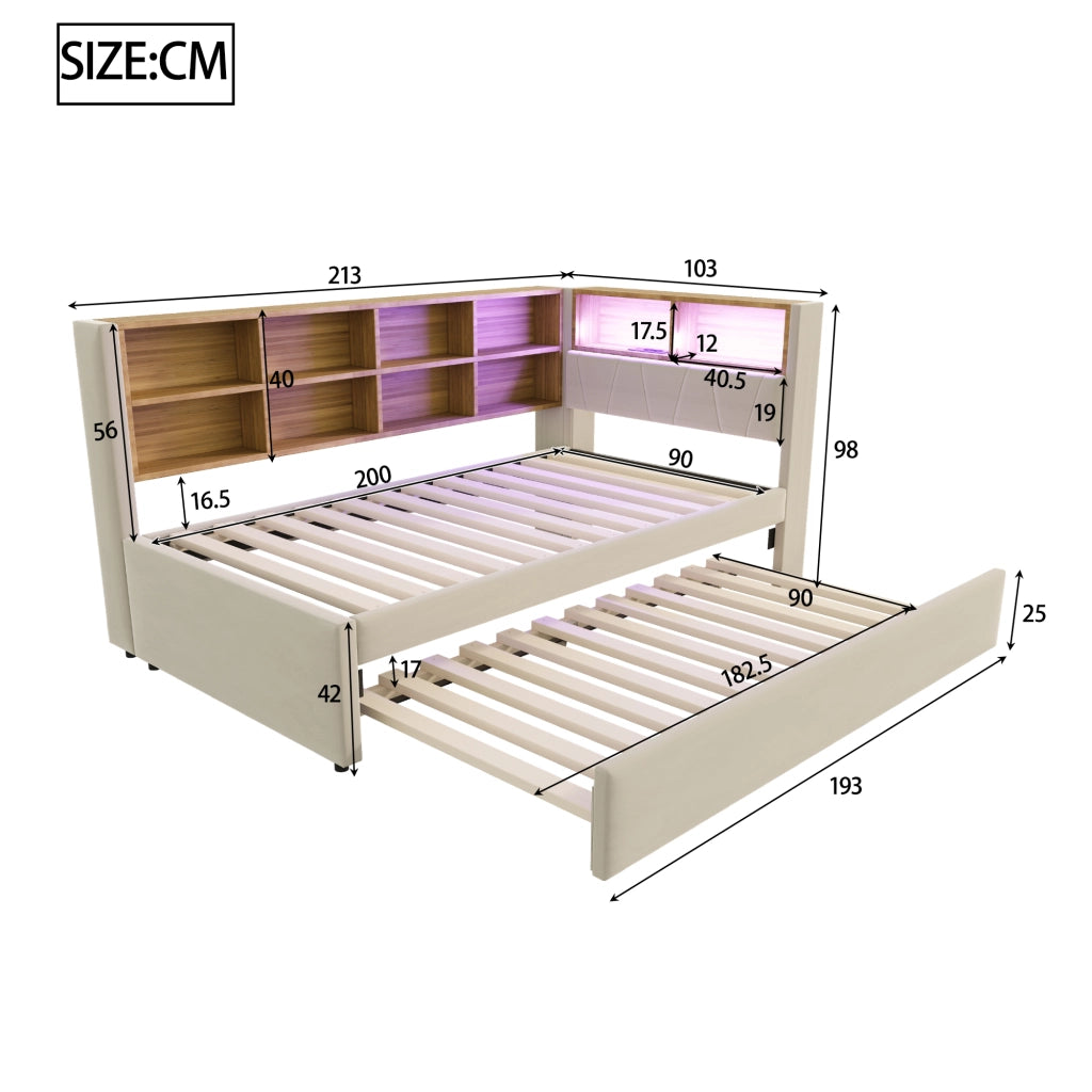 Letto estraibile singolo 90×200 cm e 90×190 cm con LED; USB; porta Type-C e contenitori; senza materasso; beige