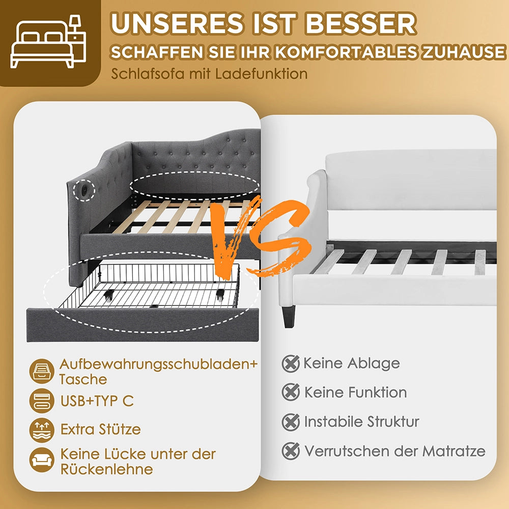 Letto a sedia con cassetti - Xylo - 90x190 cm - Grigio - USB Type C