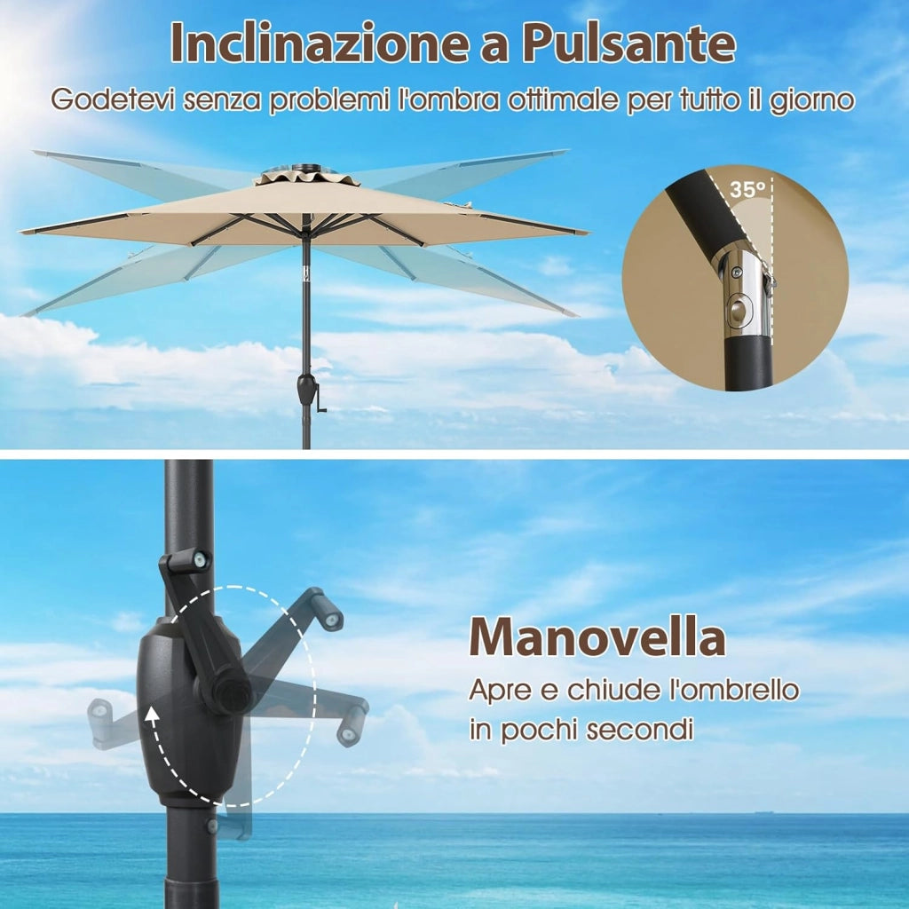 Ombrellone da Giardino 230 cm, Ombrello per Esterni con inclinazione Regolabile, 18 Luci LED, Manovella e Tettuccio Ventilato, Ombrello per Giardino, Cortile, Piscina (Beige)
