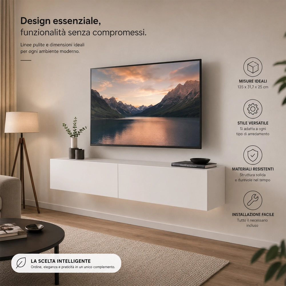 Mobile Porta Tv Sospeso da Salotto Mobiletto con 2 Cassetti Bianco 135x31.5x25cm