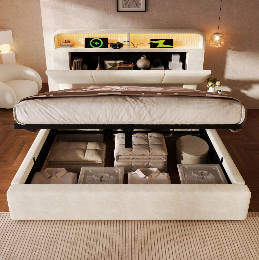 Letto matrimoniale ULEVR 140x190 cm con contenitore idraulico, LED, USB e Type-C, velluto beige