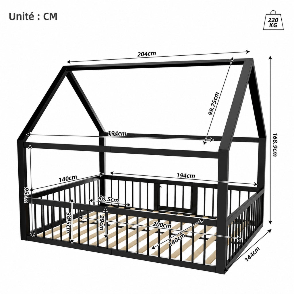 DESMIU Letto per bambini 2 posti con sponde e tetto, 140 × 200 cm, senza materasso, in metallo, nero