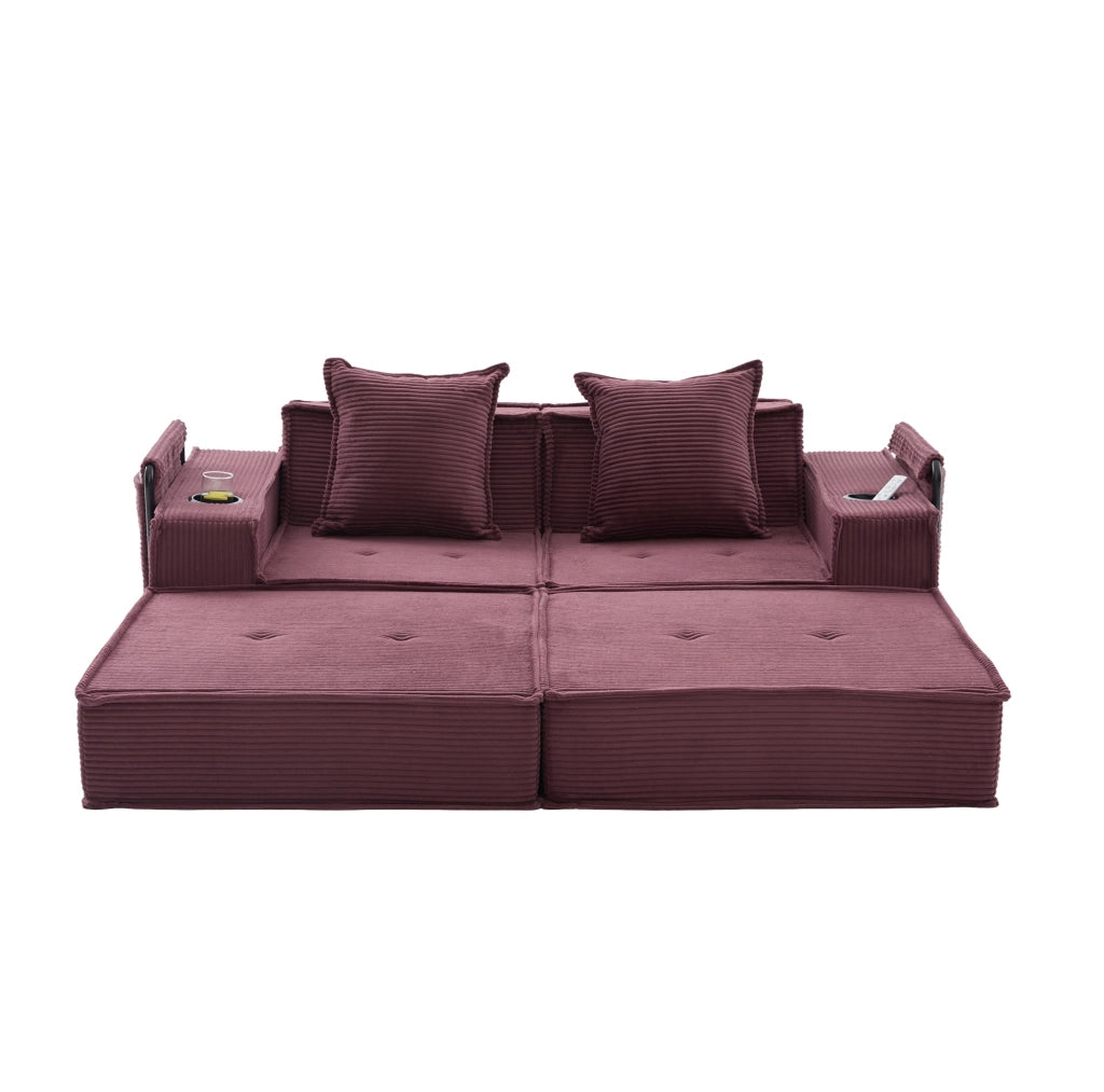 Divano 2 posti 162x78x66 cm bordeaux con cuscini, vano portaoggetti e portabicchieri
