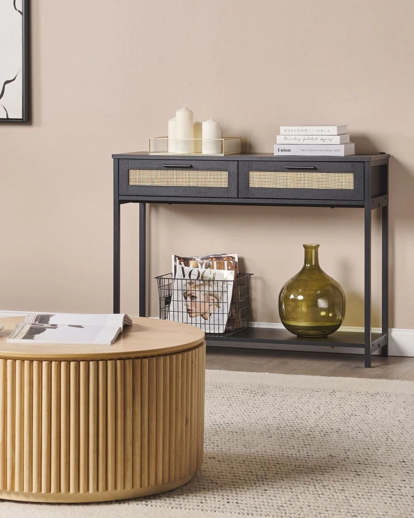 Tavolo Consolle Nero Legno di Fabbrica Gambe in Legno di Gomma Nero 2 Cassetti Fronti in Vimini Rattan Soggiorno Camera da Letto Corridoio Mobili Boho Design