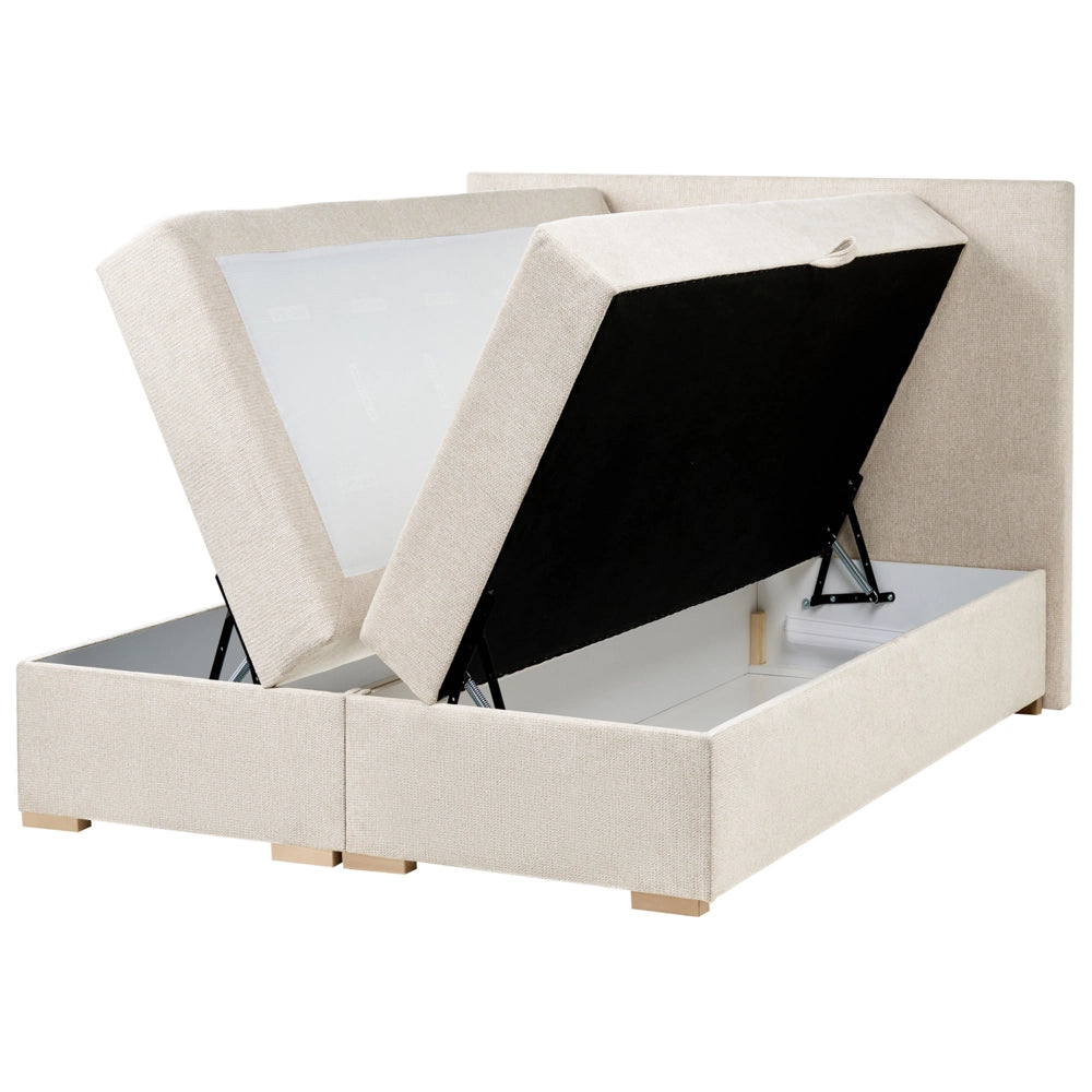 Letto matrimoniale con contenitore sollevabile in tessuto beige chiaro 120 x 200 cm con testiera stile moderno