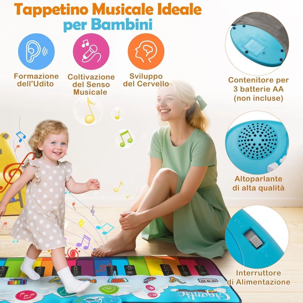 Tappetino Musicale per Bambini, Tappeto Pianoforte con 8 Suoni di Strumenti, Tastiera Colorata e Musica Integrata, Giocattolo Educativo per Bambini 3+ Anni
