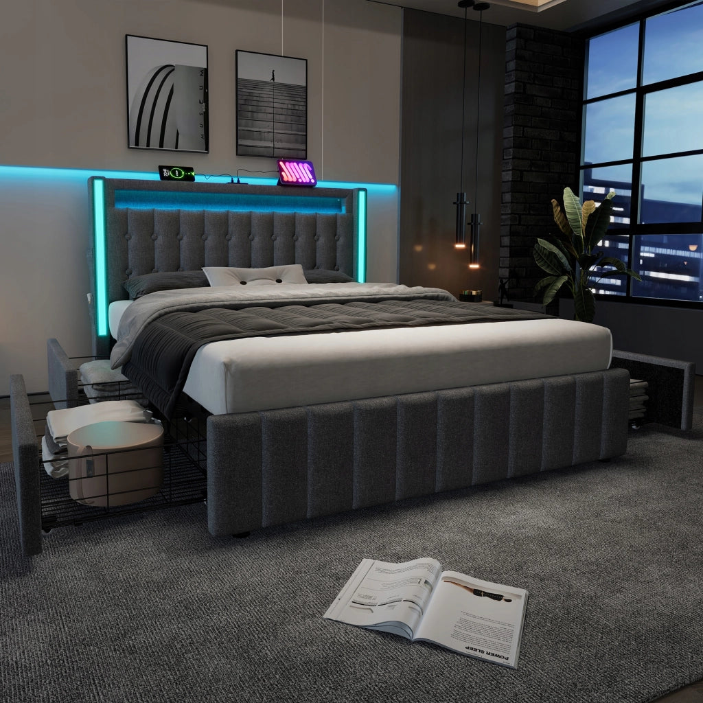Letto imbottito 160x200 - Xylo - Grigio con USB-C, LED, 4 cassetti