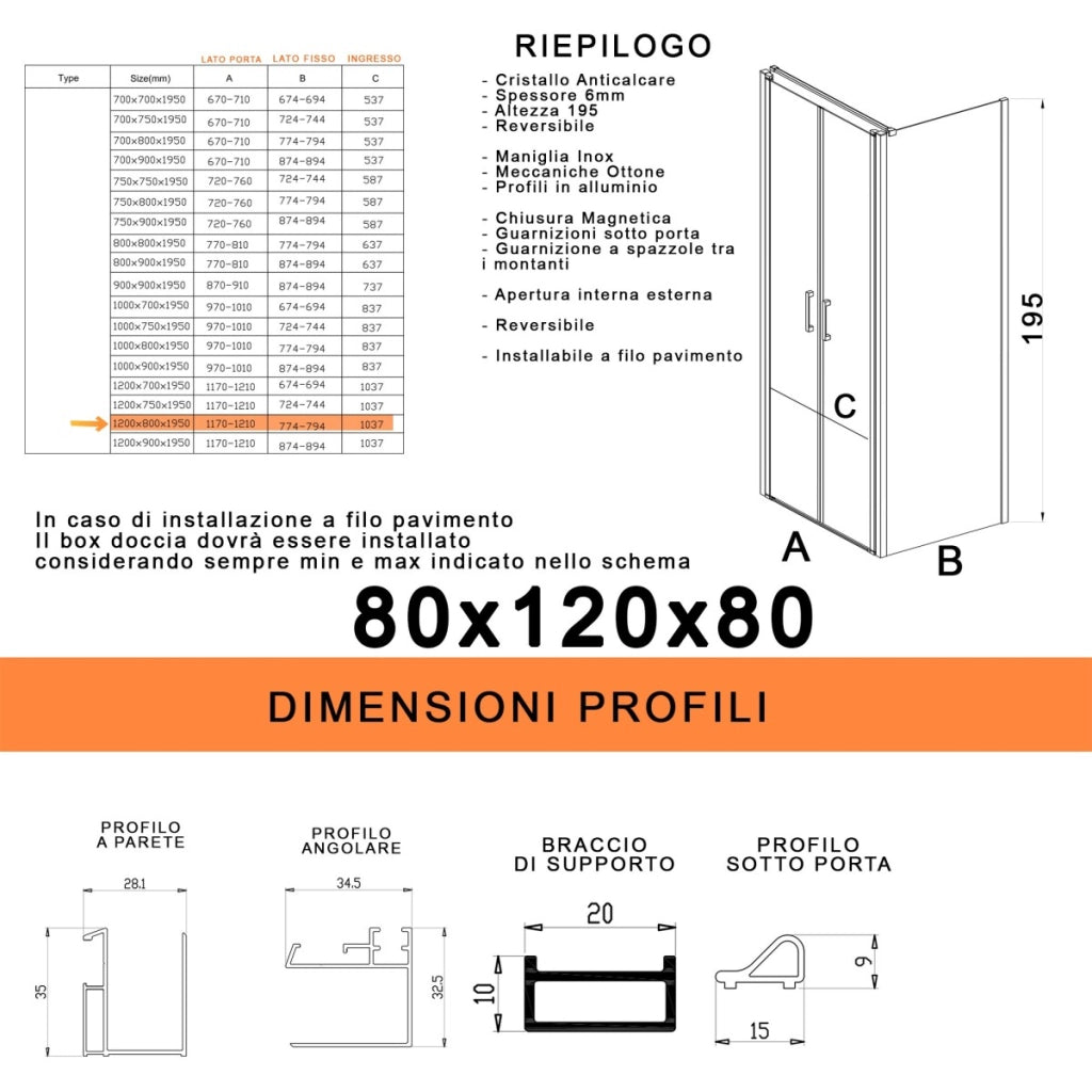 Box doccia saloon tre lati senza profili trasparente 6mm h195 dobla, misura 80x120x80