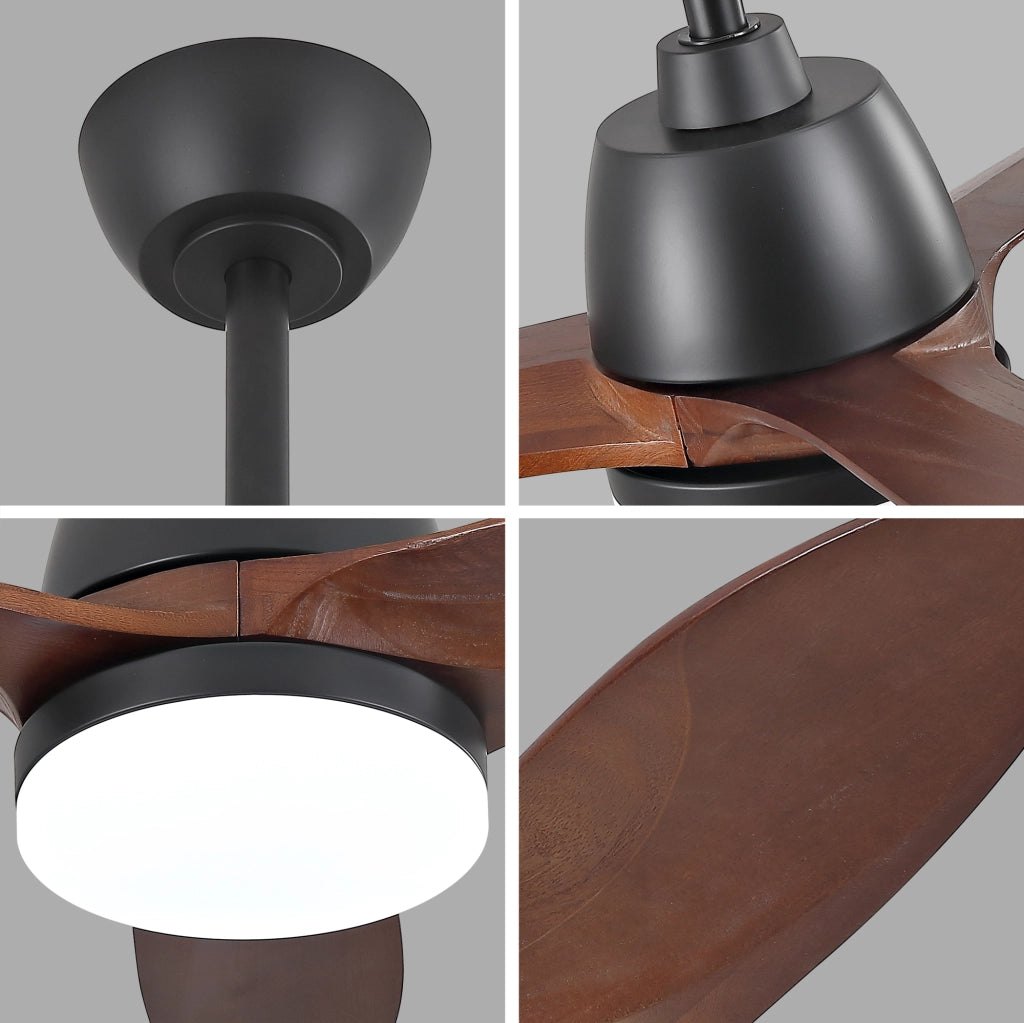 Ventilatore da soffitto moderno da 42 pollici nero con 3 pale in legno, luce LED dimmerabile e motore DC reversibile