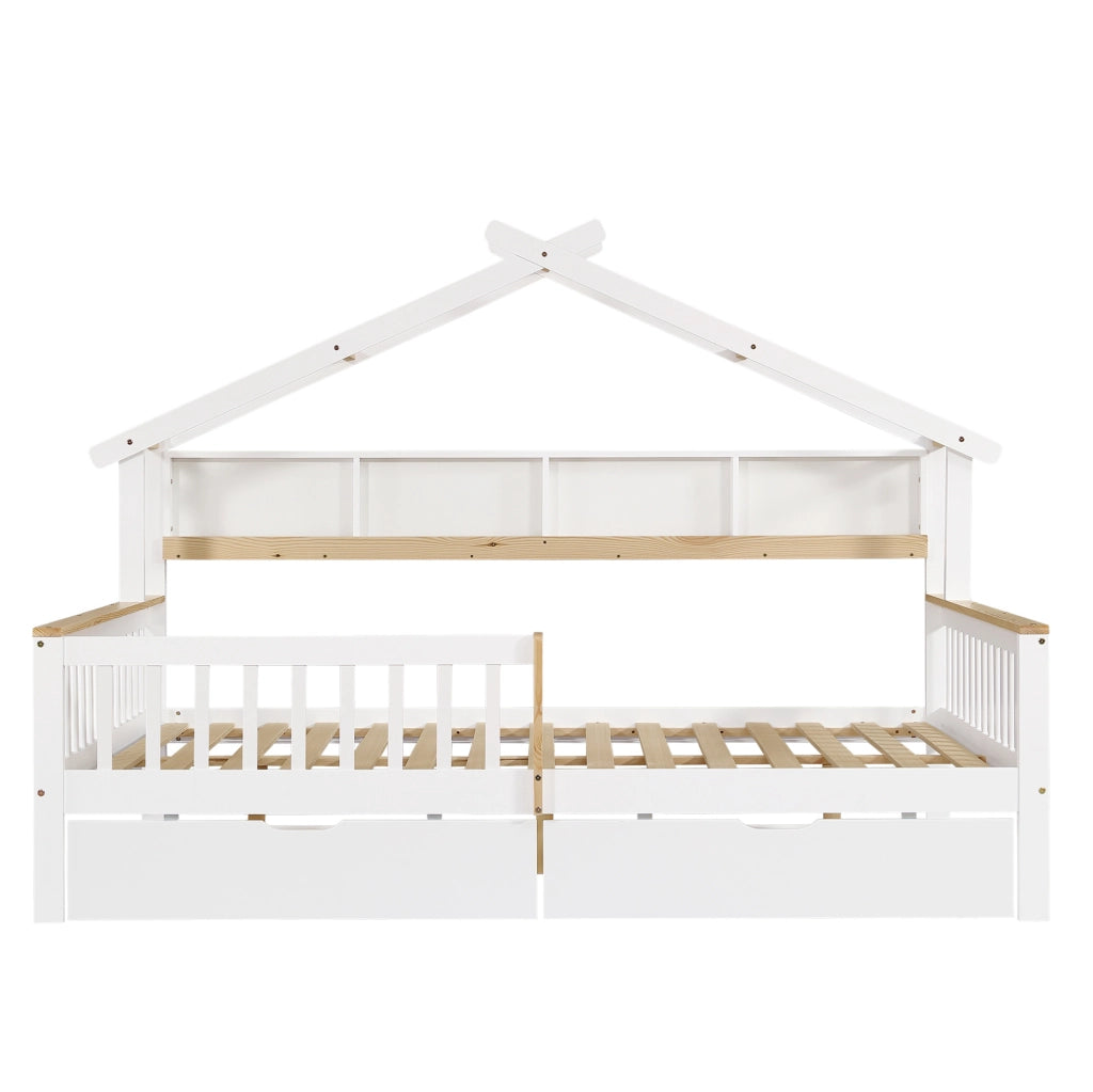 Letto per bambini 140x200 cm con sponde; cassetti e tetto in legno e MDF; bianco e naturale