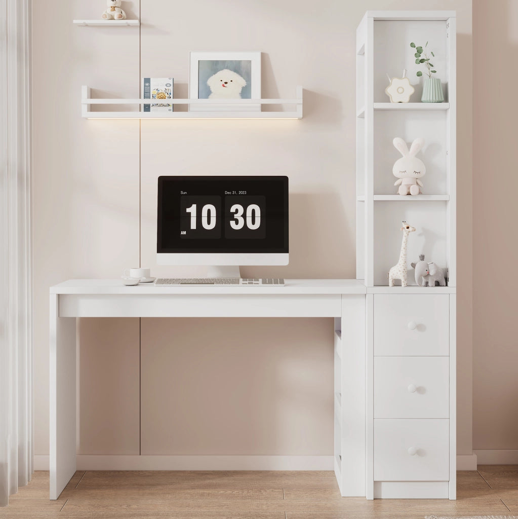 Scrivania con libreria 150x50x180 cm con 3 cassetti e vano laterale in MDF bianco