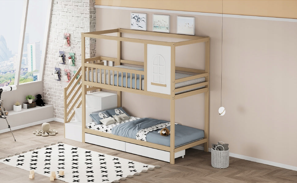 Letto a castello in legno - Xylo - 90x200 cm - con cassetti e scala