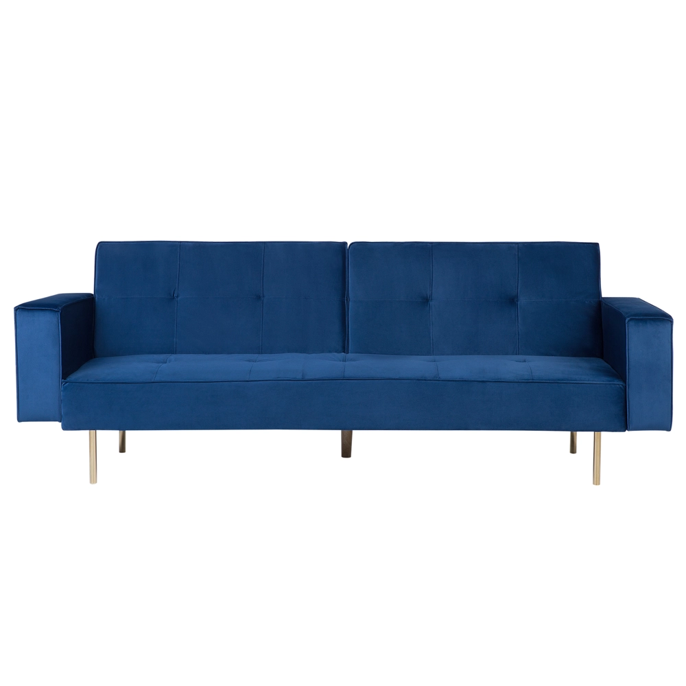 Divano letto in velluto blu a 3 posti con braccioli a binario moderno