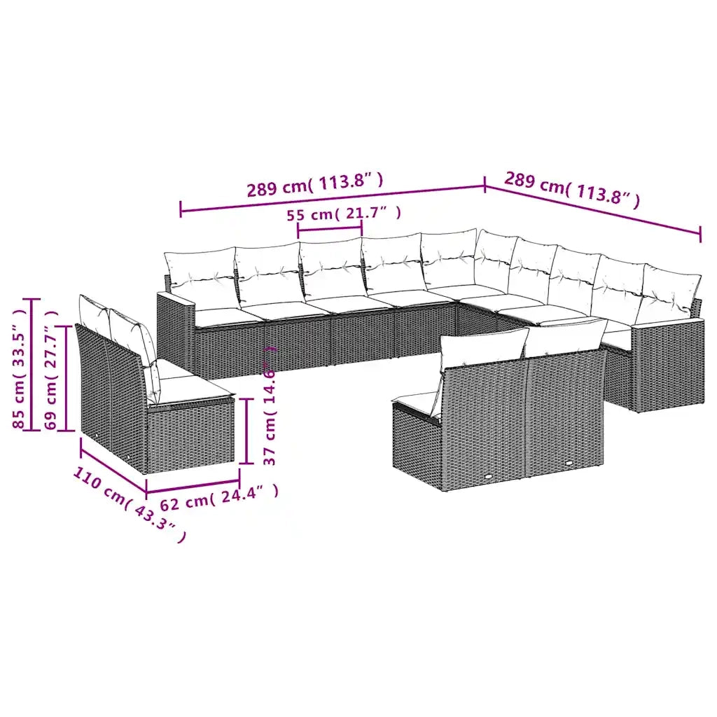 Set Divani da Giardino 13 pz con Cuscini Nero in Polyrattan 3226484