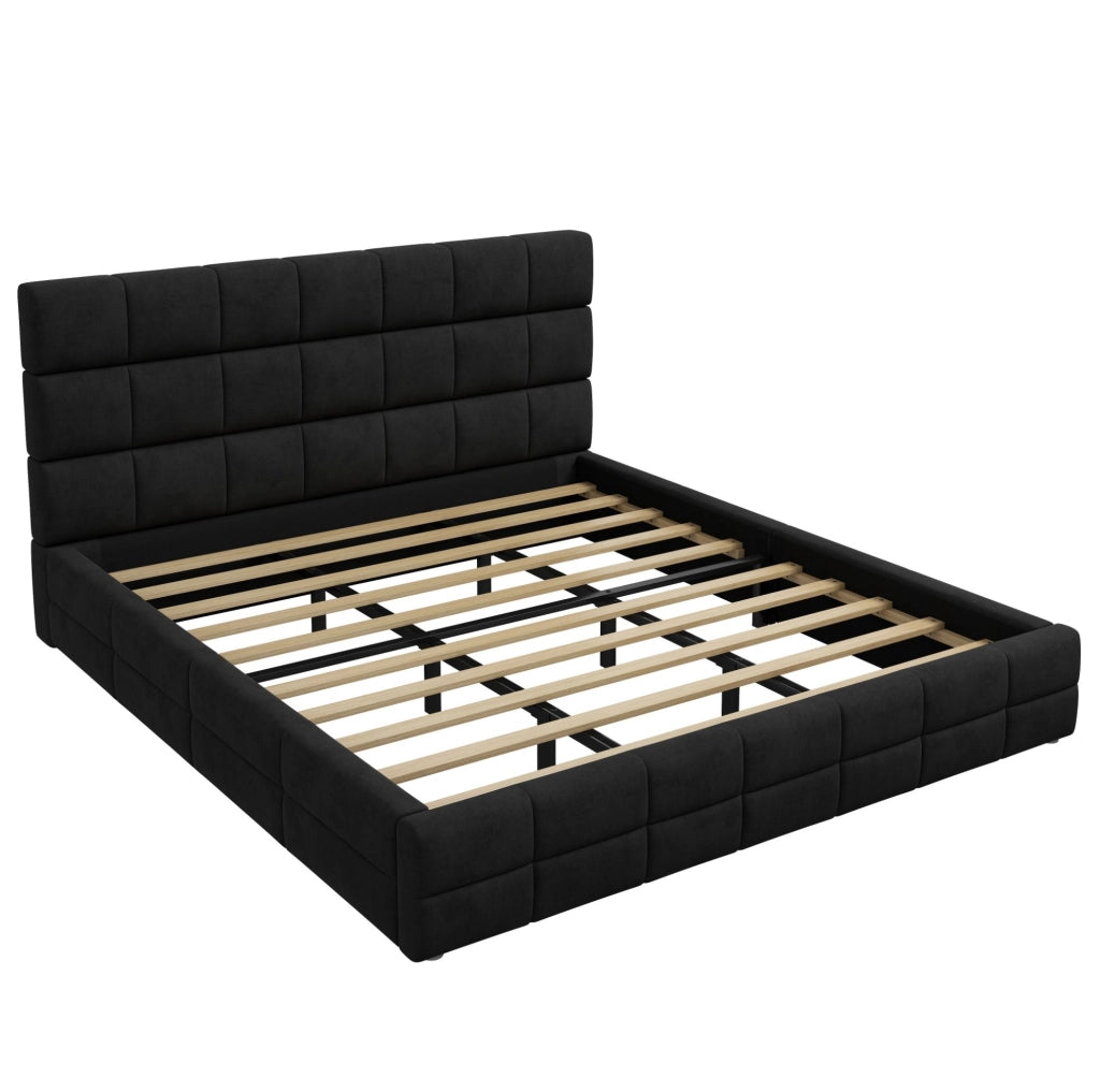 Letto imbottito con testiera 180x200 cm in velluto nero; struttura in MDF e compensato