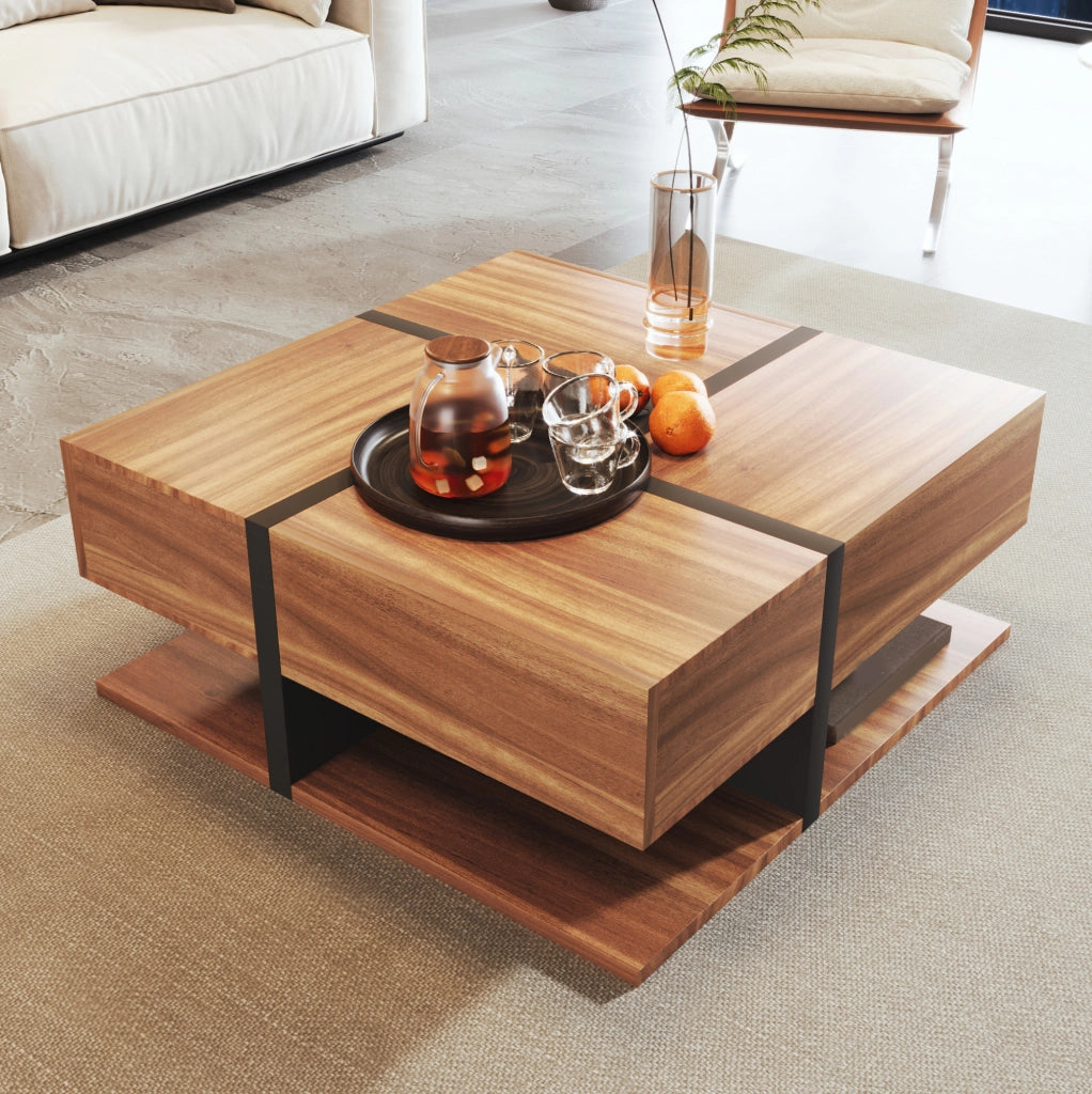 Tavolino da caffè quadrato 78x78x36 cm con 4 cassetti e ripiano inferiore
