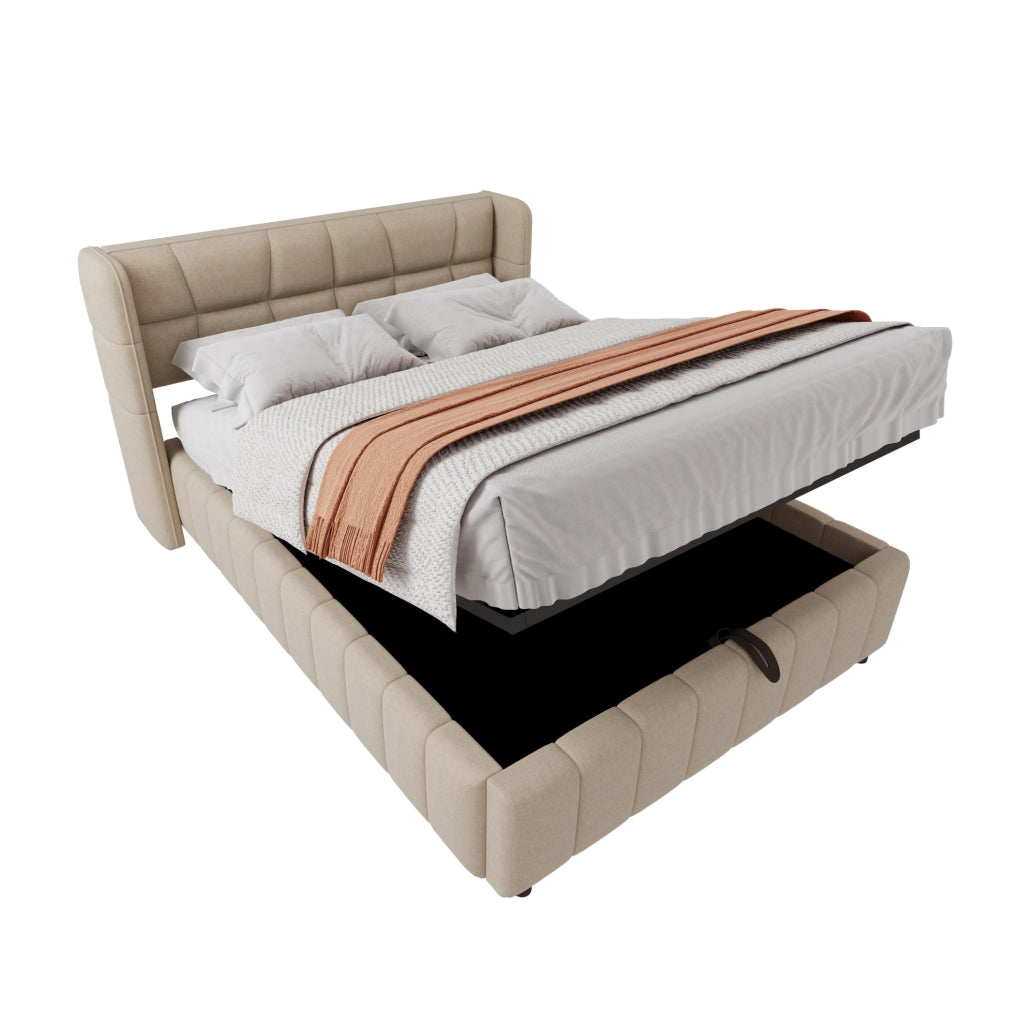 Letto imbottito 140x200 cm con contenitore e rete a doghe; in tessuto beige