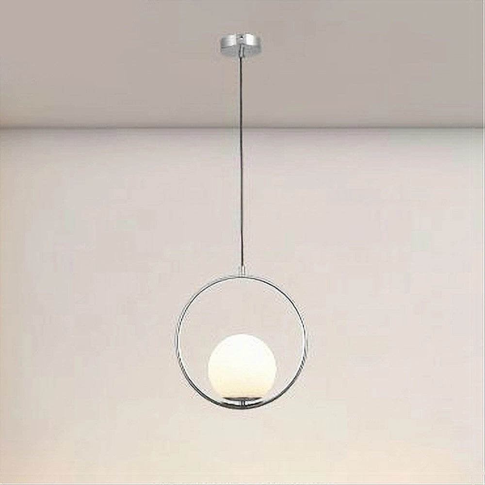 Trade Shop - Lampadario A Sospensione Cerchio Metallo Sfera Vetro Bianco Attacco E27 Argento 33467 -