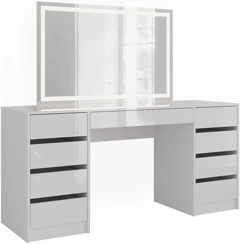 Tavolo da toeletta Sherry, Bianco/bianco lucido, 158.2 cm con specchio LED