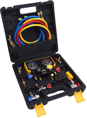 Set completo di misuratore HVAC - 4 vie - Flessibile - Valvole di sicurezza - Professionale/Utilizzo domestico - Adatto per R410A/R32/R134A/R22 - Manifold