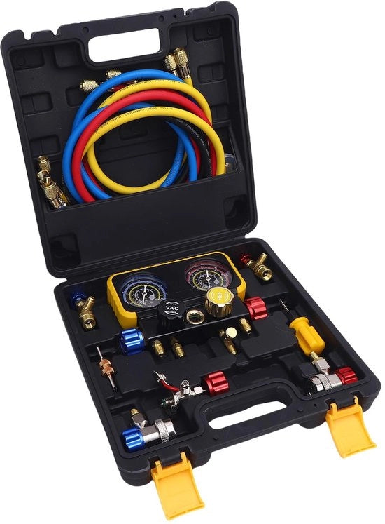 Set completo di misuratore HVAC - 4 vie - Flessibile - Valvole di sicurezza - Professionale/Utilizzo domestico - Adatto per R410A/R32/R134A/R22 - Manifold