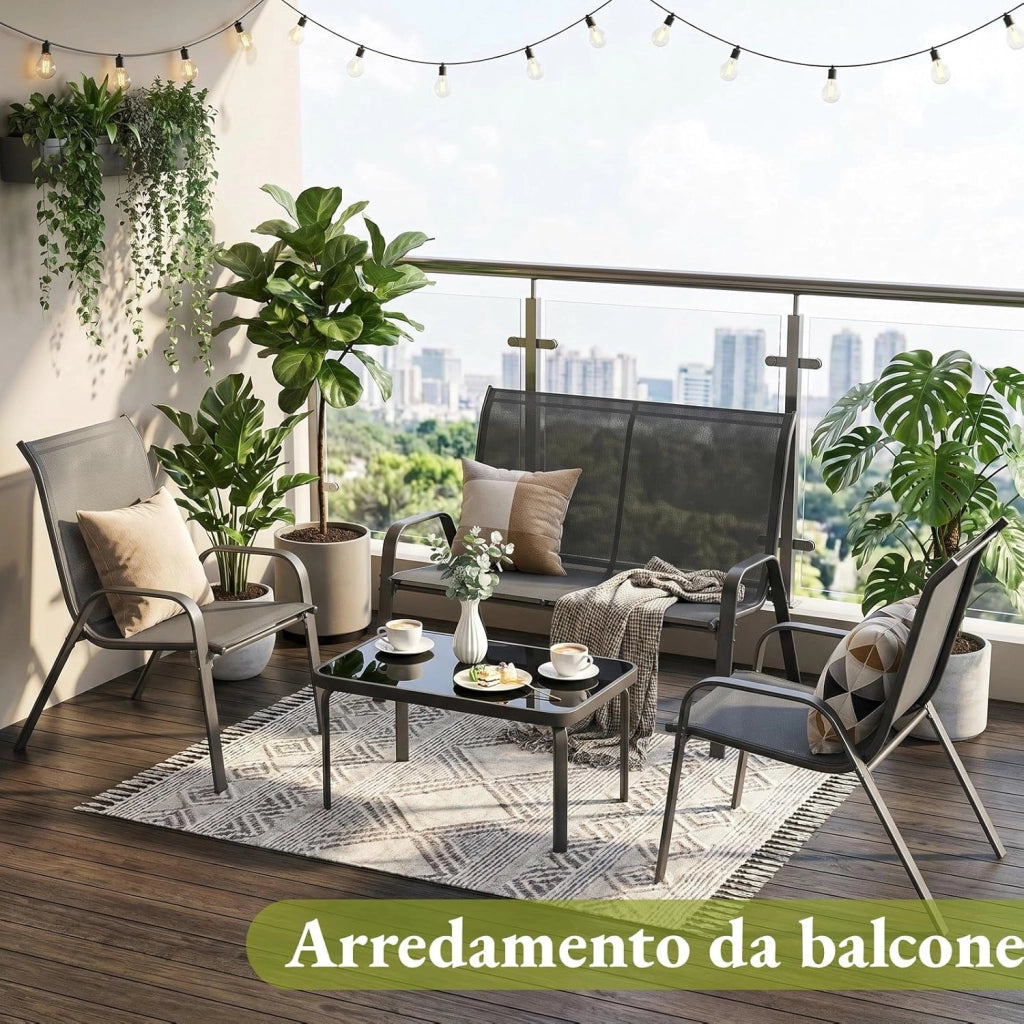 Set Salotto da Giardino 4 Pezzi, Set Mobili da Esterno con Divano 2 Posti, 2 Poltrone, 1 Tavolino in vetro, Textilene Traspirante, Set da Conversazioni per Piccolo Balcone, Terrazzo (Grigio)