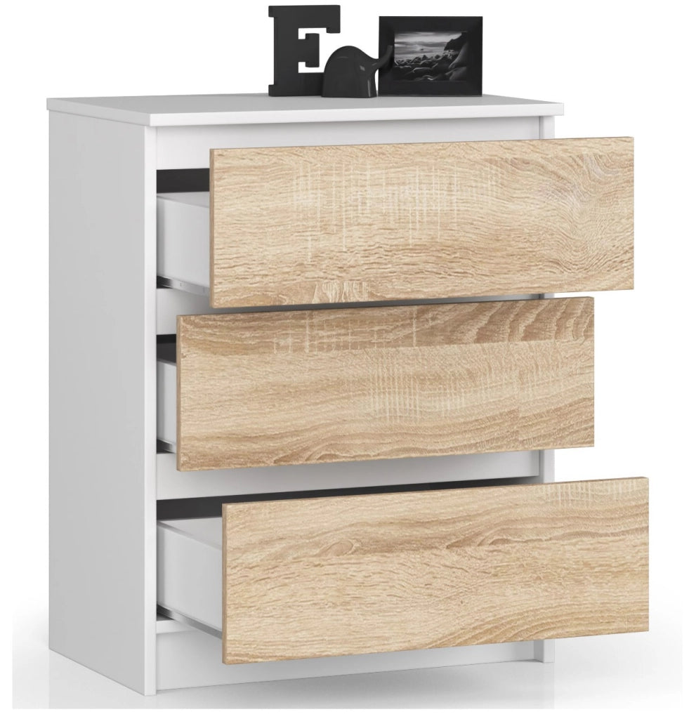 Cassettiera AKORD K60 Cassettiera Bianca 60 cm 3 cassetti inserto frontale Sonoma Quercia 60x40x77 cm