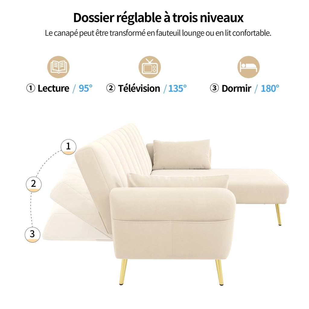 Divano angolare letto 2-3 posti - con schienale regolabile e tasche laterali - in velluto beige