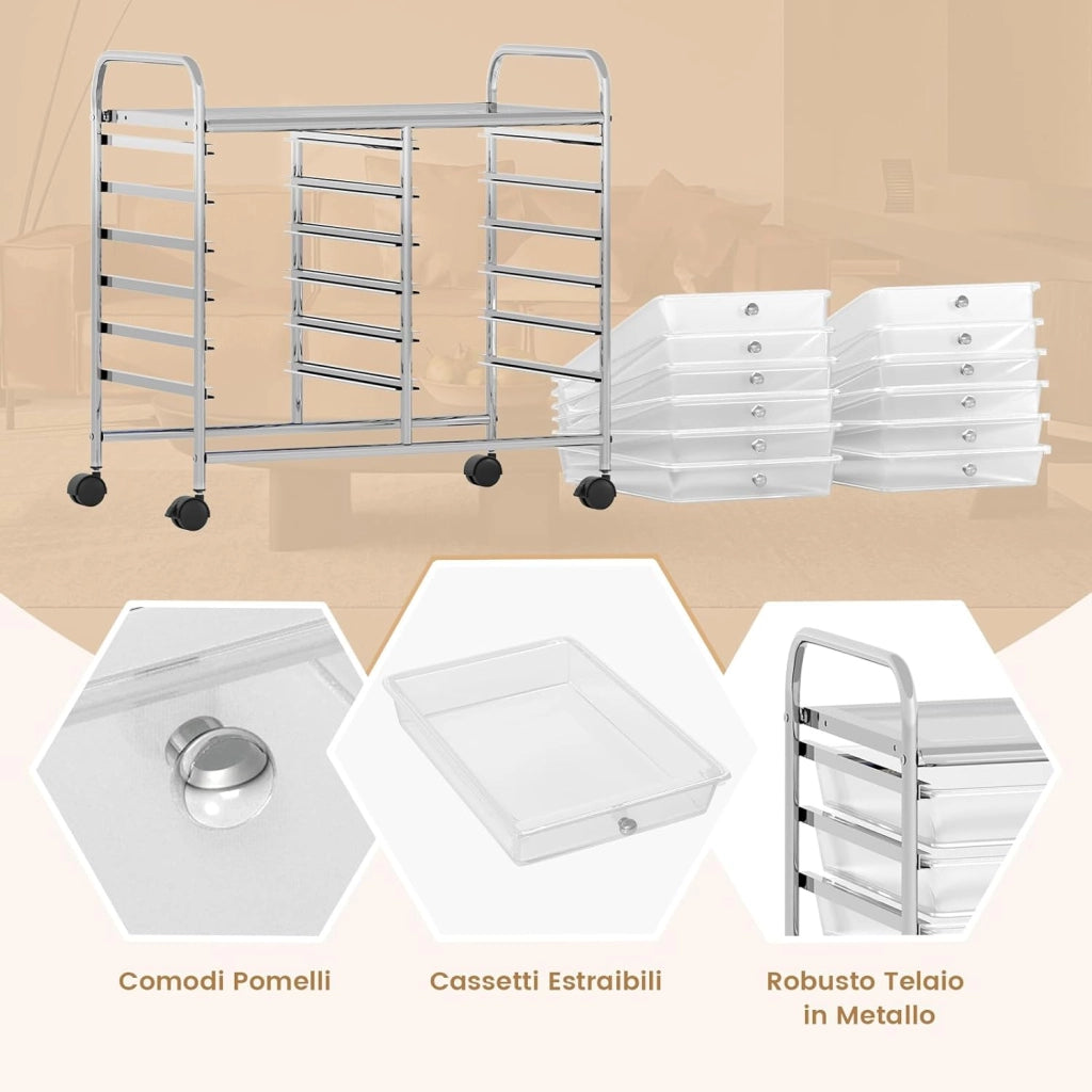 Carrello di Stoccaggio con 20 Cassetti, Carrello portaoggetti con 4 Ruote, Carrello Multiuso per Scuola Ufficio Cucina, 64 x 39 x 88 cm (12 cassetti Trasparente)