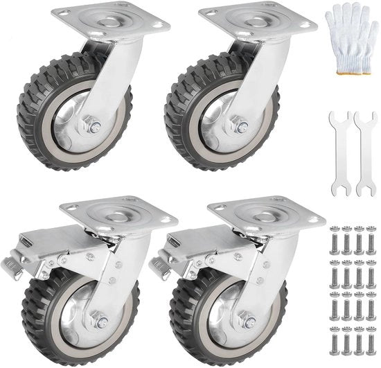4 ruote pesanti 150 mm, 2x ruote inclinabili con freno e 2x ruote inclinabili girevoli 360°, ruote massive per mobili pallet, capacità di carico 600 kg ruote industriali