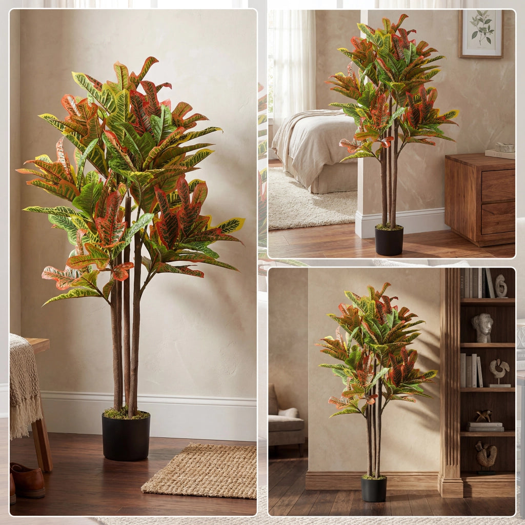 Pianta Artificiale di Croton Multicolore in PEVA e Legno con Vaso Contenitore in PP e Cemento, 55x55x120 cm