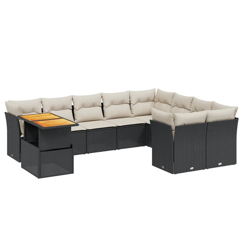 Set Divani da Giardino 10pz con Cuscini in Polyrattan Nero