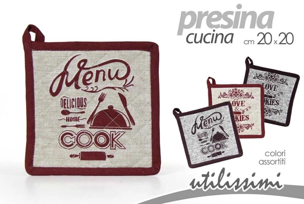 1 Pezzo Presina da Cucina in Cotone Menu' Quadrata 20 x 20 cm 3 Colori
