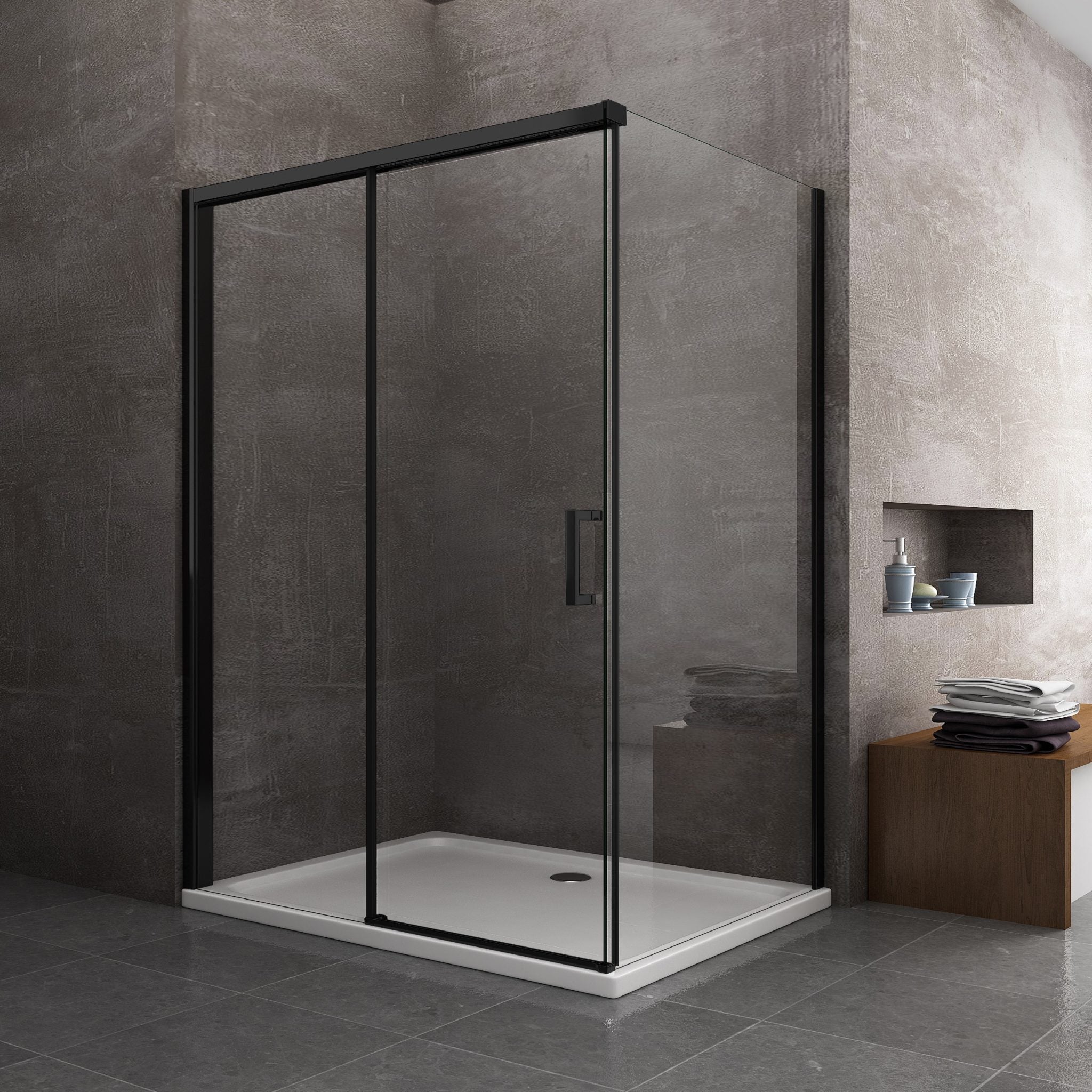 Box Doccia Ad Angolo Con Parete Fissa Laterale e Porta Frontale Con Chiusura Soft Close Ammortizzata H 200 8 MM Telaio Nero Opaco Cm 110 (108-110) x 170 (167-170)