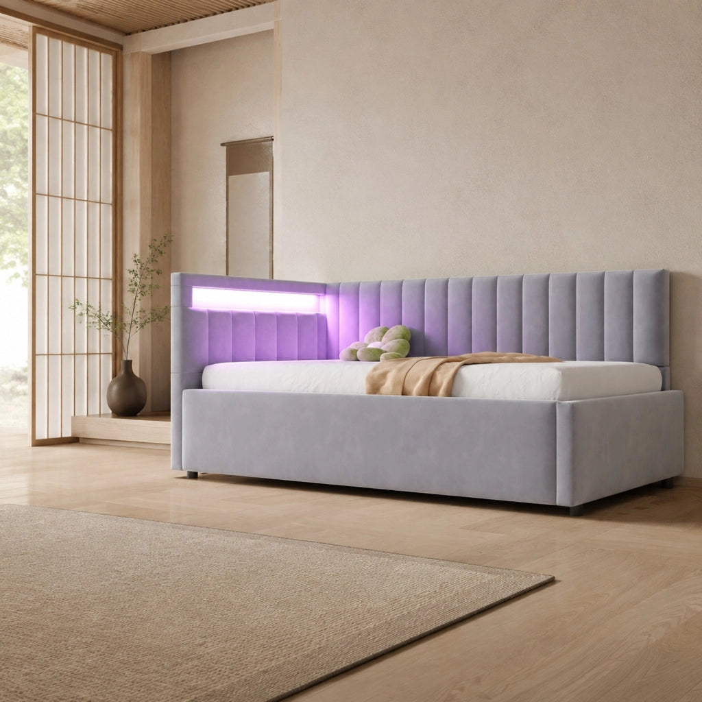 DESMIU Divano letto 90 × 200 cm 1 posto con LED, contenitore idraulico, senza materasso, velluto grigio