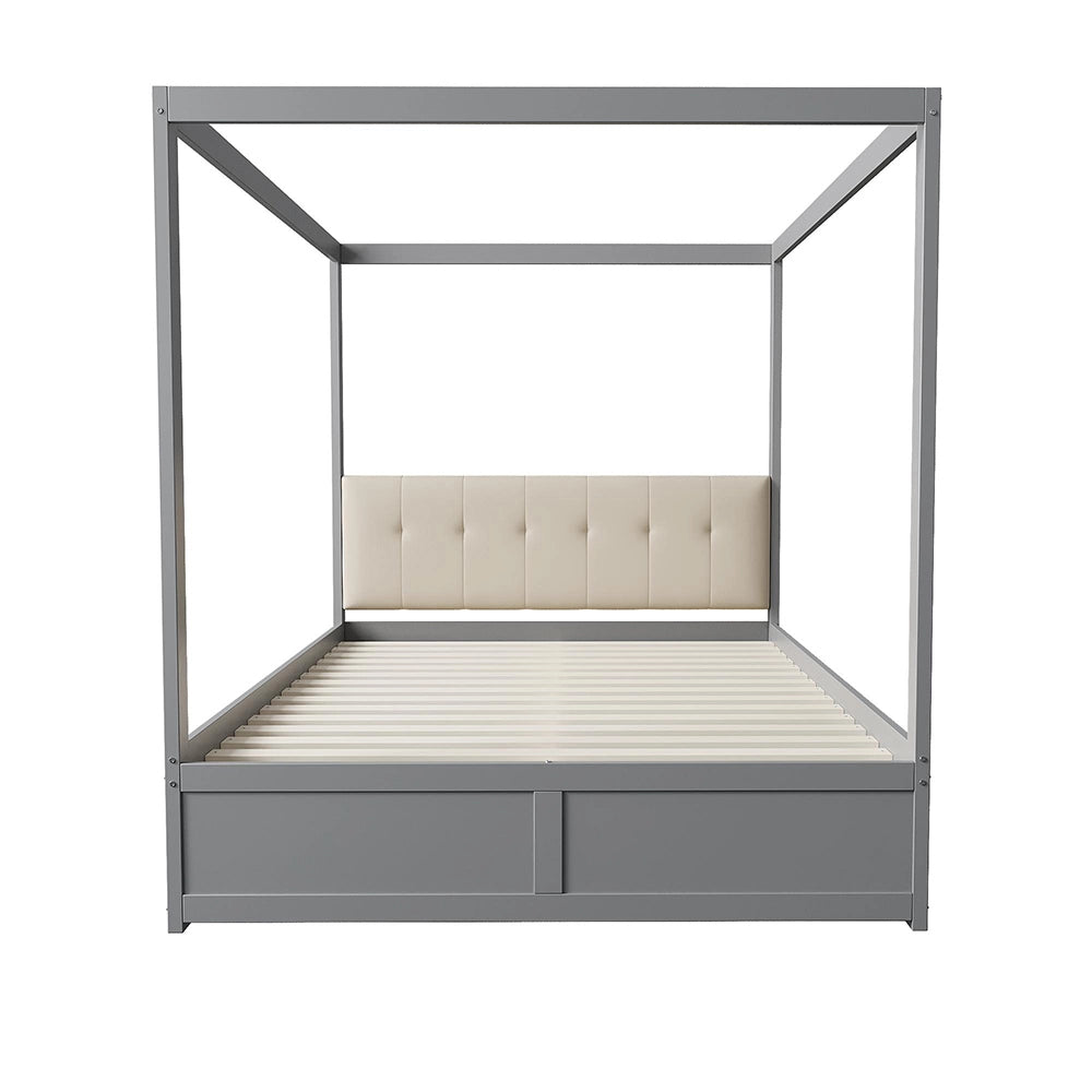 Letto-Xylo-140x200 cm-4 cassetti, testiera imbottita, legno, grigio