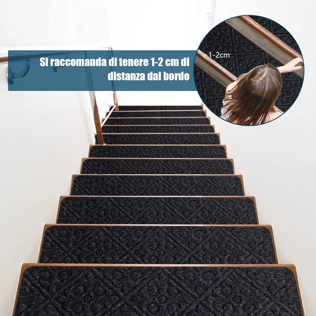 15 Tappetini Antiscivolo per Scale 76 x 20 cm, Tappeti Antiscivolo per Gradini di Scale di Legno da Interno, Tappetini Impermeabili per Scale per Bambini, Anziani e Animali (Grigio)