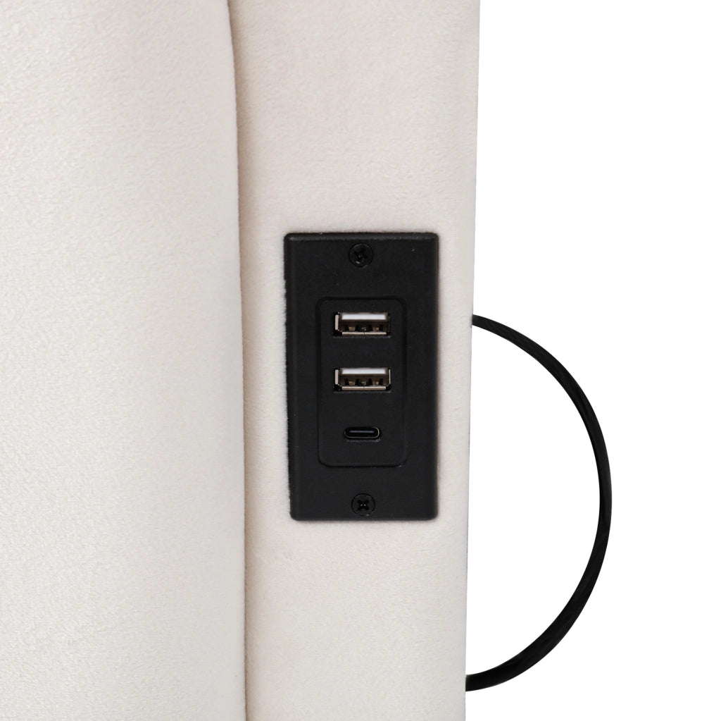 Divano letto contenitore idraulico 90x200 cm in velluto beige con USB-A/USB-C