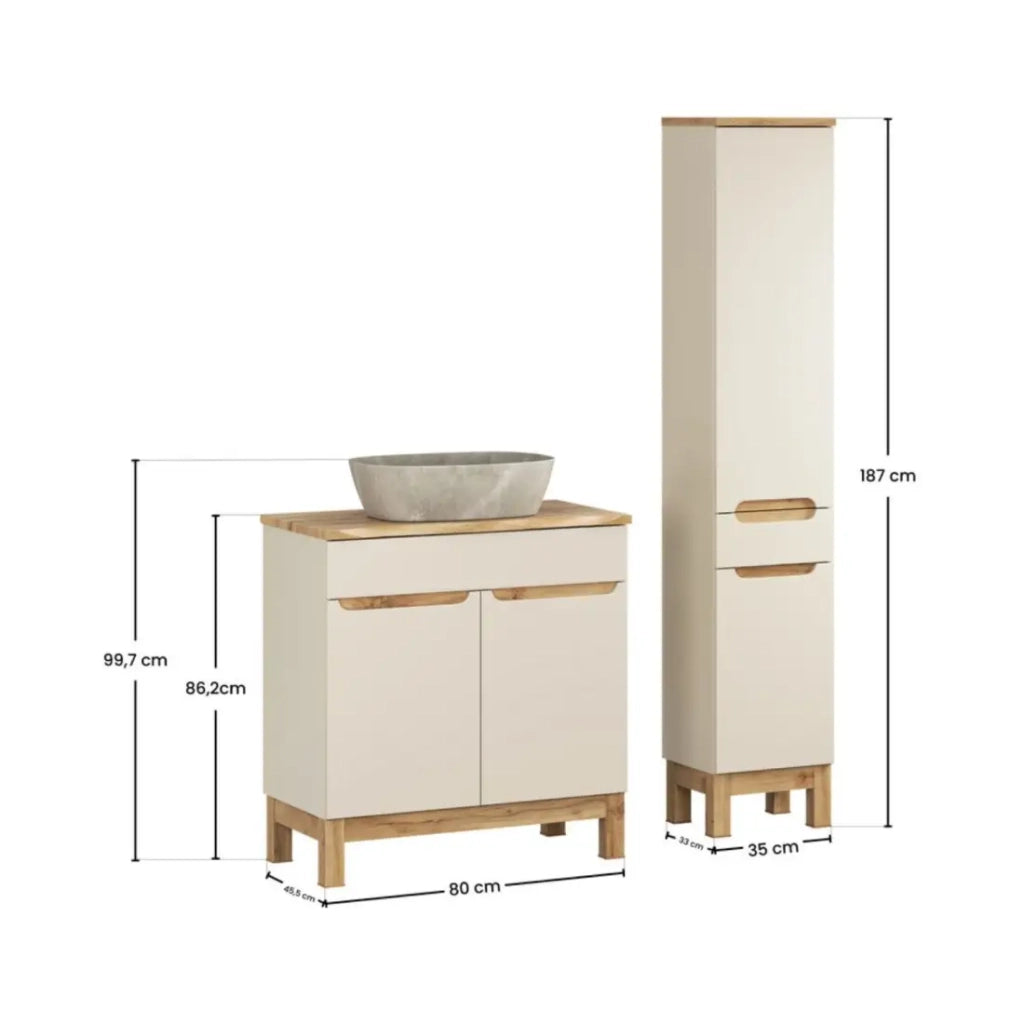 Set ERMANO cachemire 115cm: mobile sottolavabo + top per lavabo bisellato + lavabo da appoggio grigio + colonna