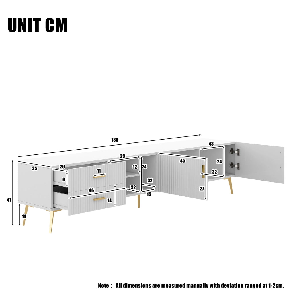Mobile TV moderno bianco in MDF 180×35×41 cm con 2 cassetti e 2 ante